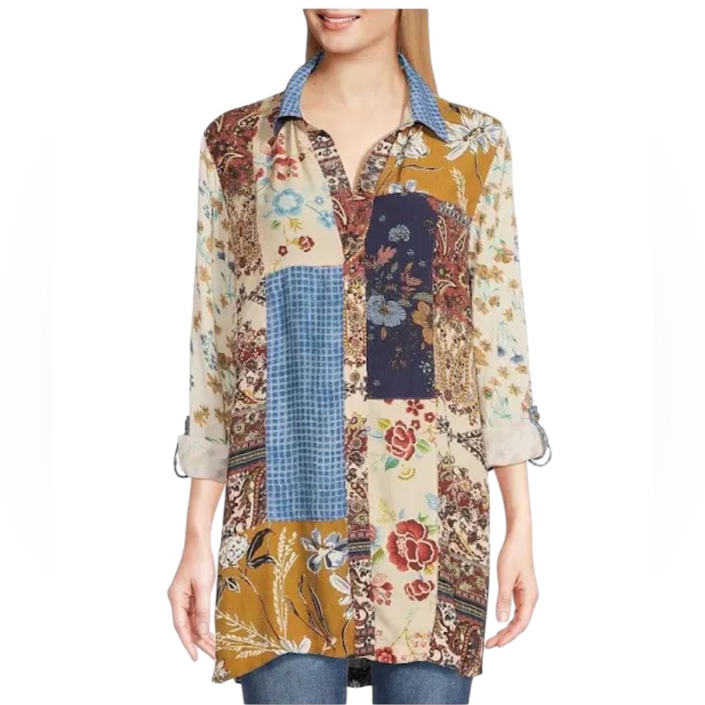John Mark Patchwork Print Tunic Button Front Shir… - image 1
